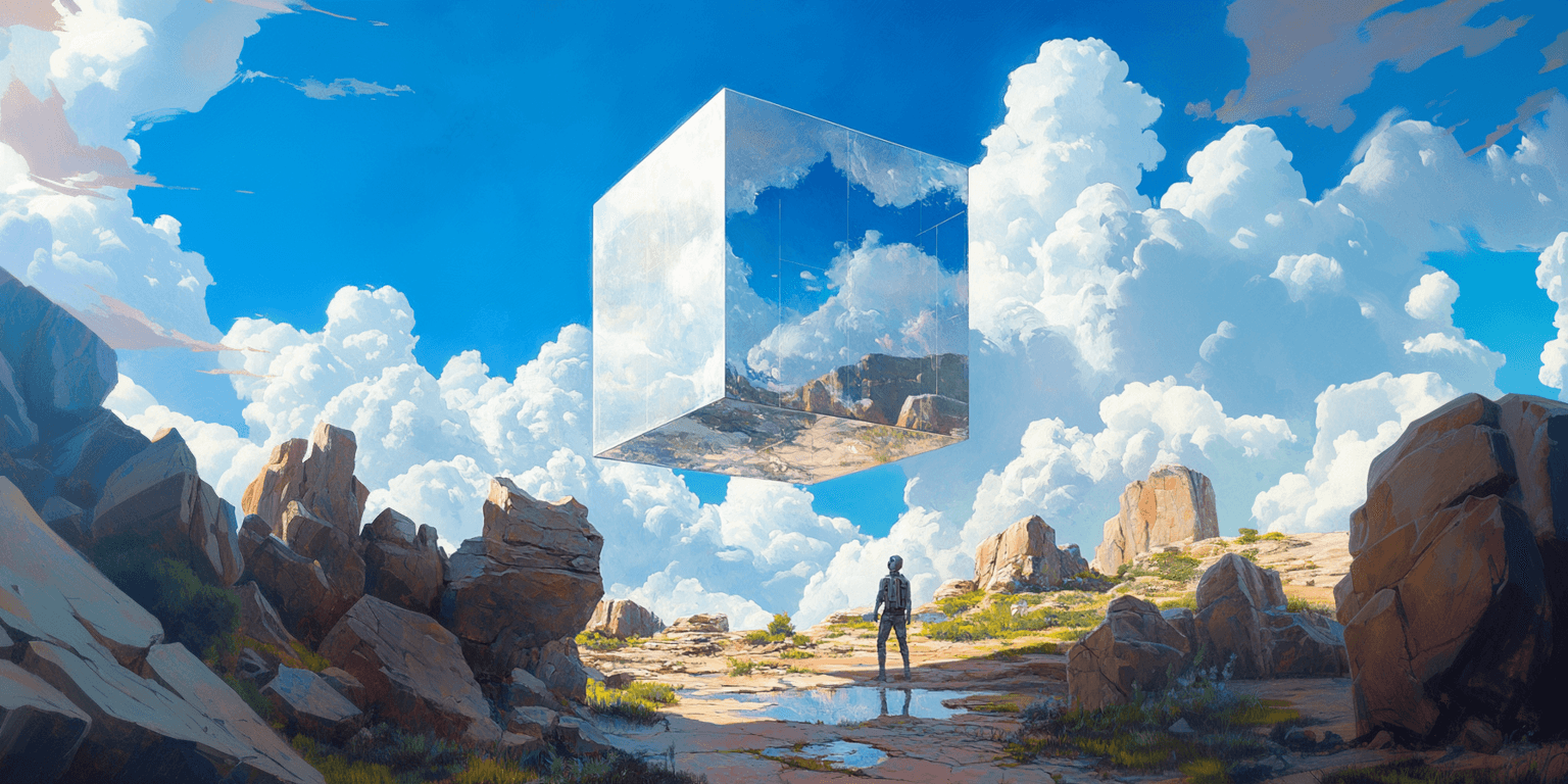 Picture of a landscape with a cube center